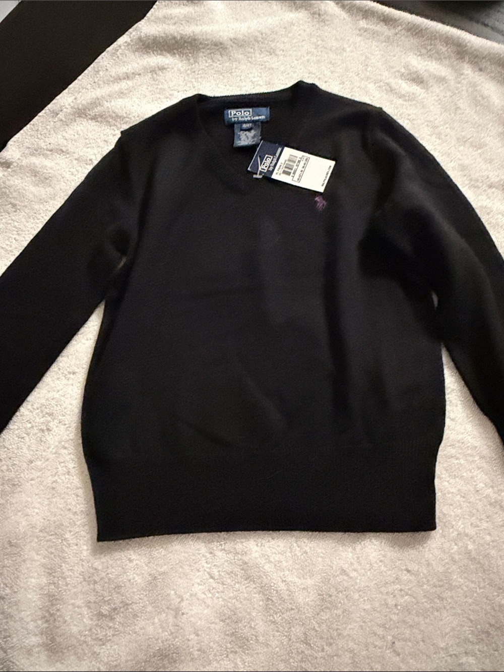 Polo by Ralph Lauren Black V-Neck Sweater with Purple Logo